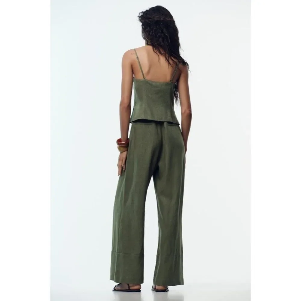 Zara Womens Jumpsuit XS Green Linen Bow Spaghetti Strap Wide Leg 8447/734 NWD